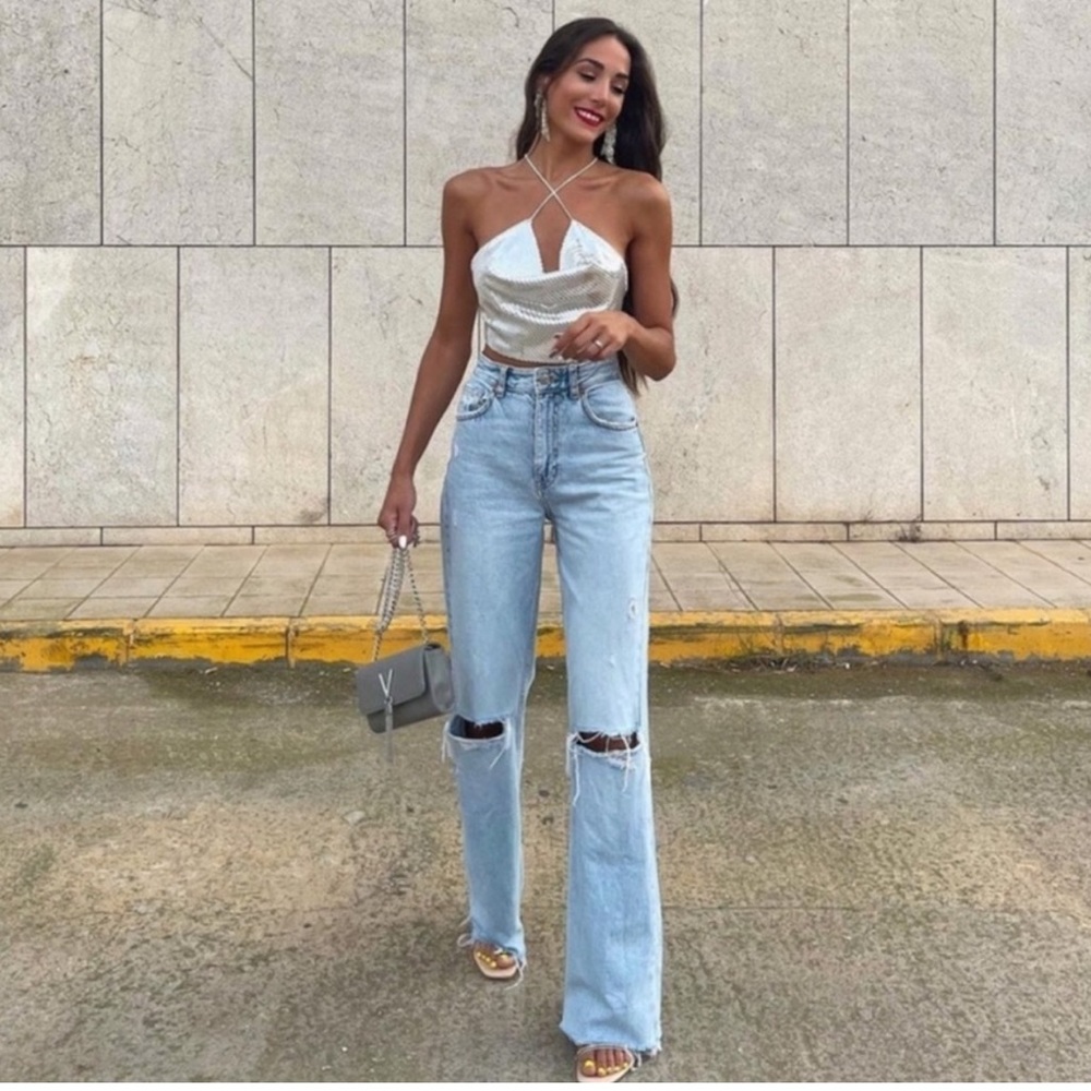 Zara RIPPED WIDE LEG JEANS black